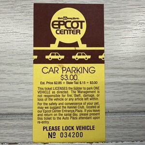 Disney EPCOT Center $3 Car Parking Pass 1987 Ticket Stub Vintage